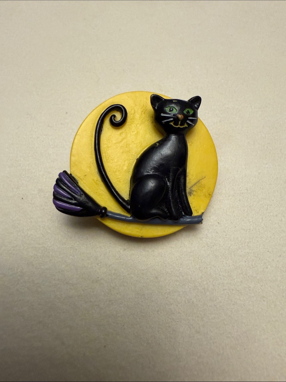 Black Cat Brooch with Yellow Moon and Purple Broom Accent 🐈‍⬛